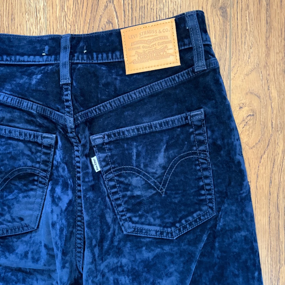 Levis Ribcage Bootcut Navy Blue Velour High Rise Flare Pants Womens 26x30 Boho - Picture 11 of 14